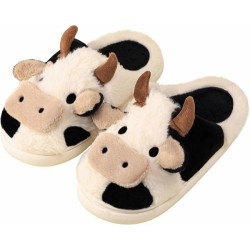 Cartoon Cow Cotton Slippers, Winter Indoor Outdoor Slippers for Women