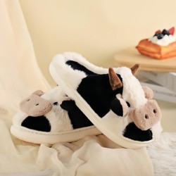 Cartoon Cow Cotton Slippers, Winter Indoor Outdoor Slippers for Women