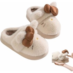 Women's Adorable Cartoon Embroidery Plush Slippers, Cartoon Print Plush Slippers, Bow Decor Plush Slippers